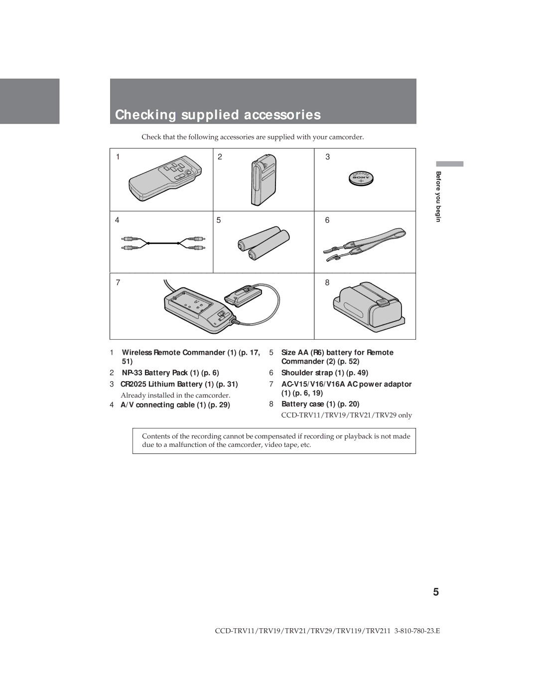 Sony CCD-TRV19, CCD-TRV29 operation manual Checking supplied accessories 