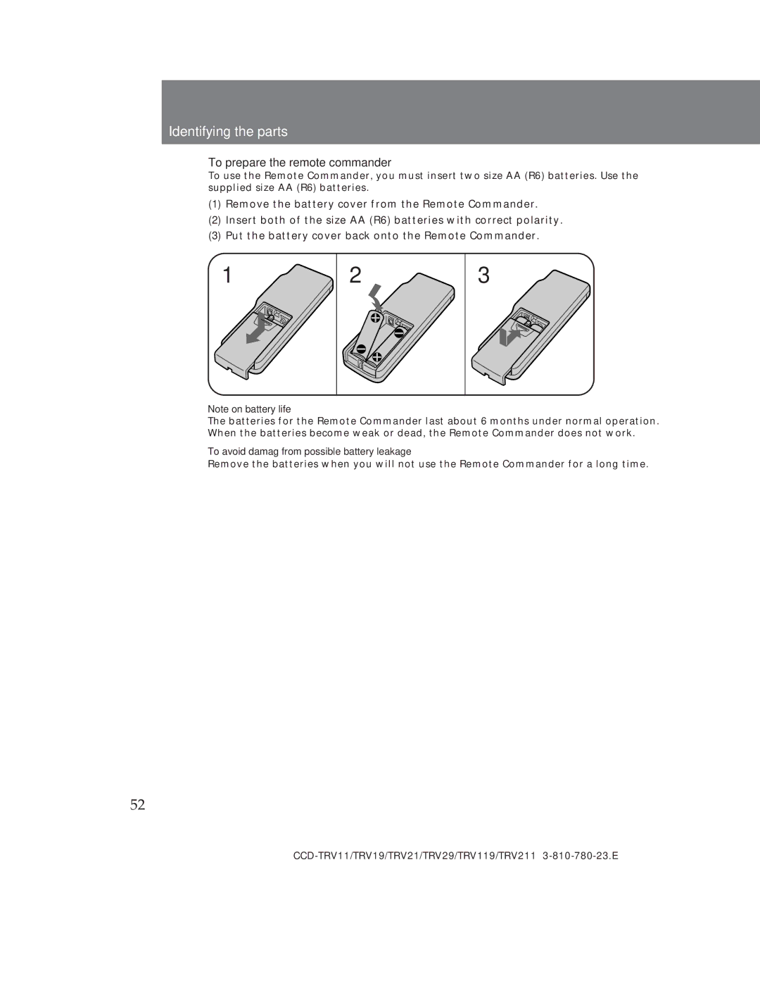 Sony CCD-TRV29, CCD-TRV19 operation manual To prepare the remote commander, To avoid damag from possible battery leakage 