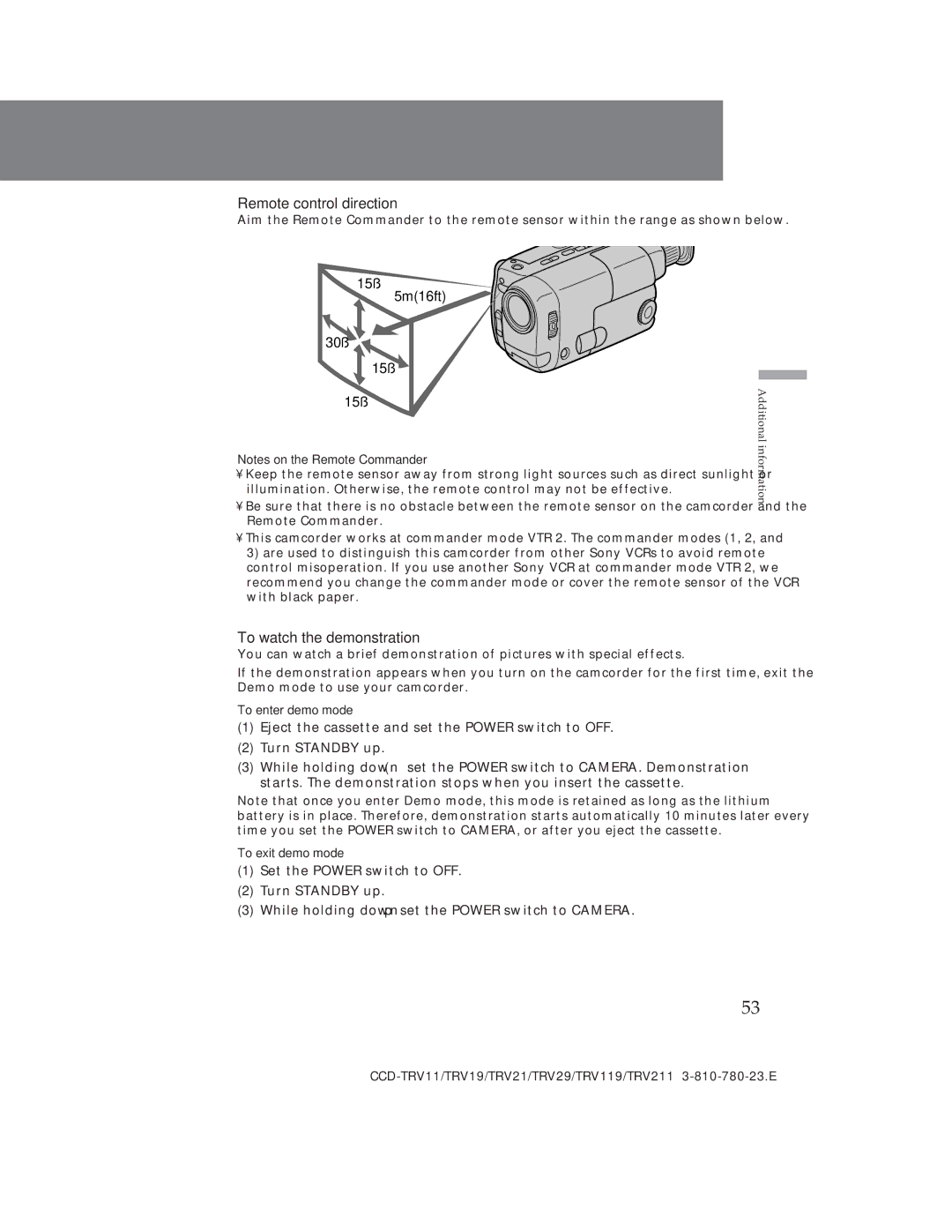 Sony CCD-TRV19, CCD-TRV29 Remote control direction, To watch the demonstration, To enter demo mode, To exit demo mode 