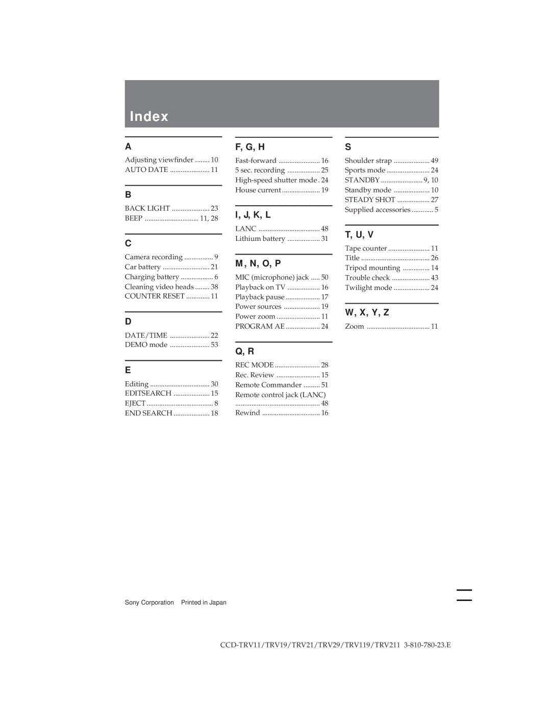 Sony CCD-TRV29, CCD-TRV19 operation manual Index, K, L, O, P, Y, Z 