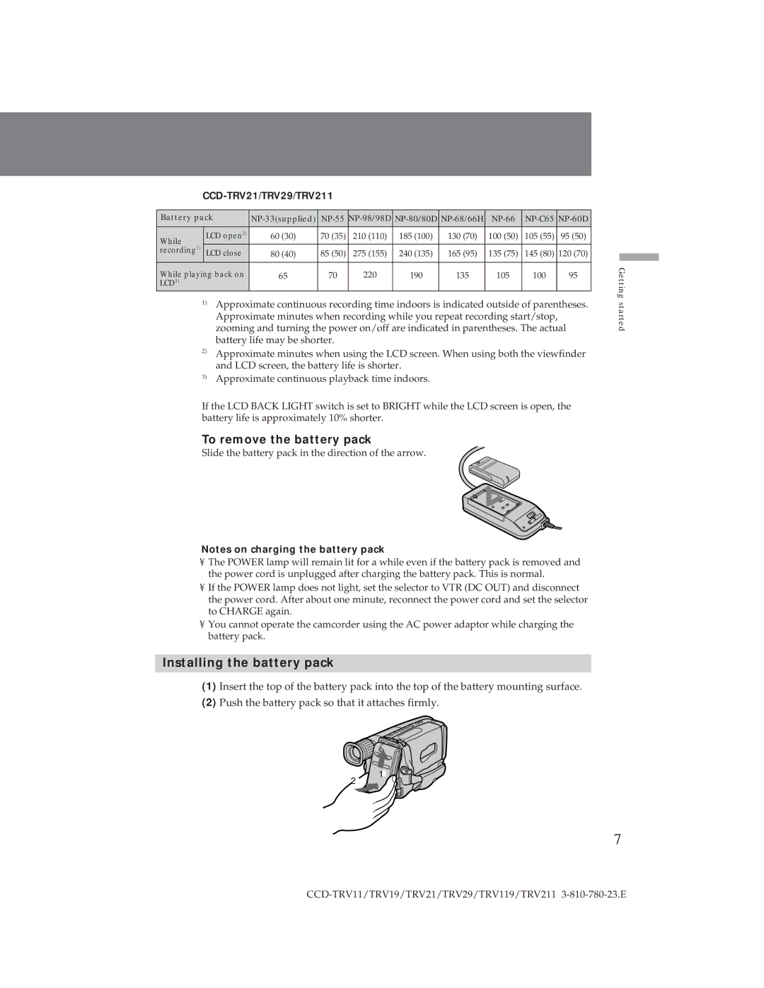 Sony CCD-TRV19, CCD-TRV29 operation manual To remove the battery pack, Installing the battery pack 