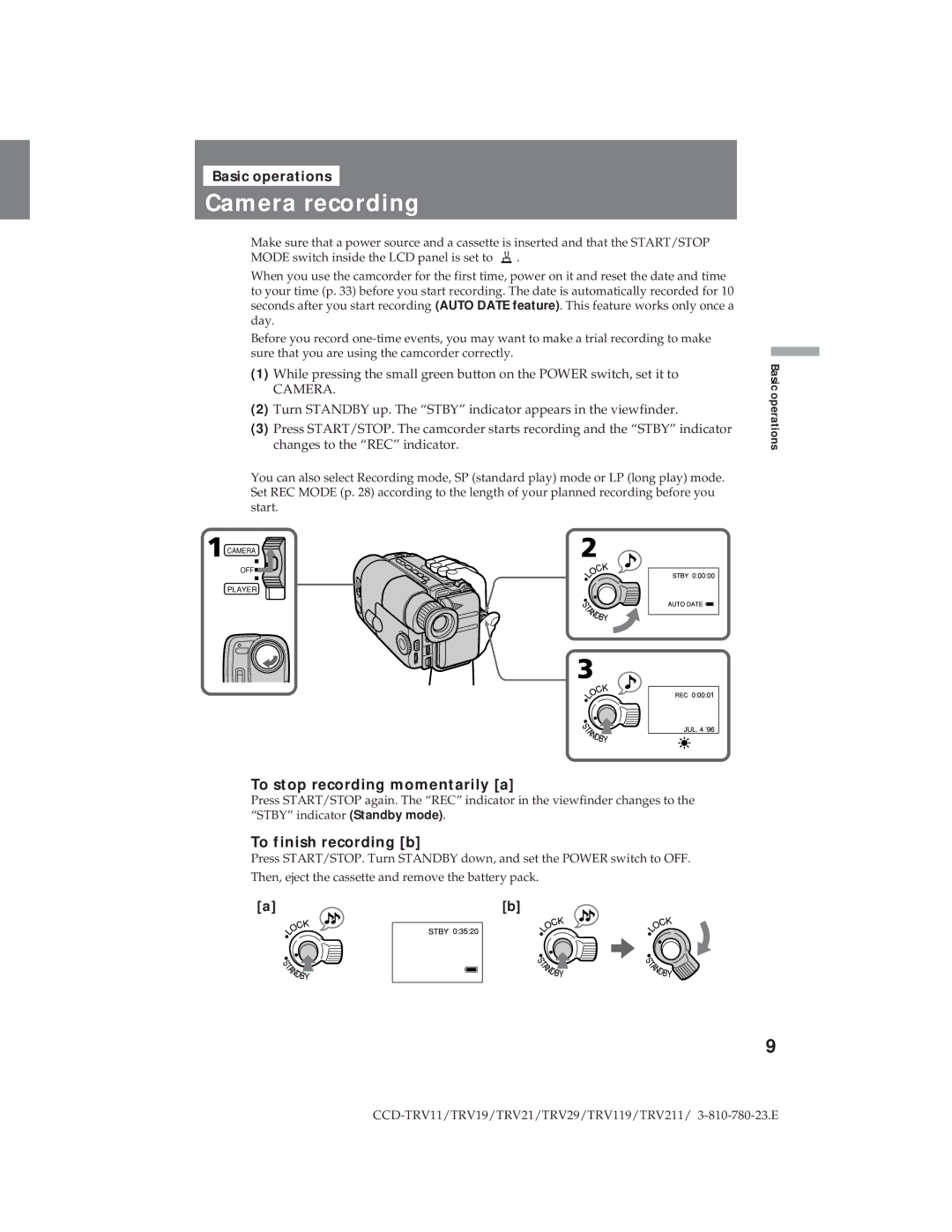 Sony CCD-TRV19, CCD-TRV29 operation manual Camera recording, To stop recording momentarily a, To finish recording b 