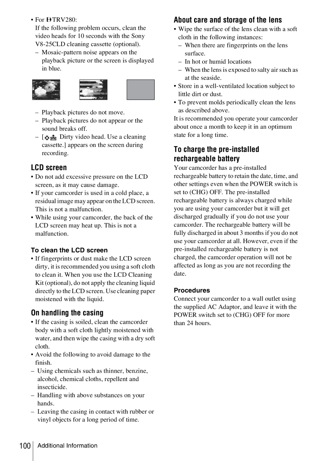 Sony CCD-TRV338 manual LCD screen, On handling the casing, About care and storage of the lens 