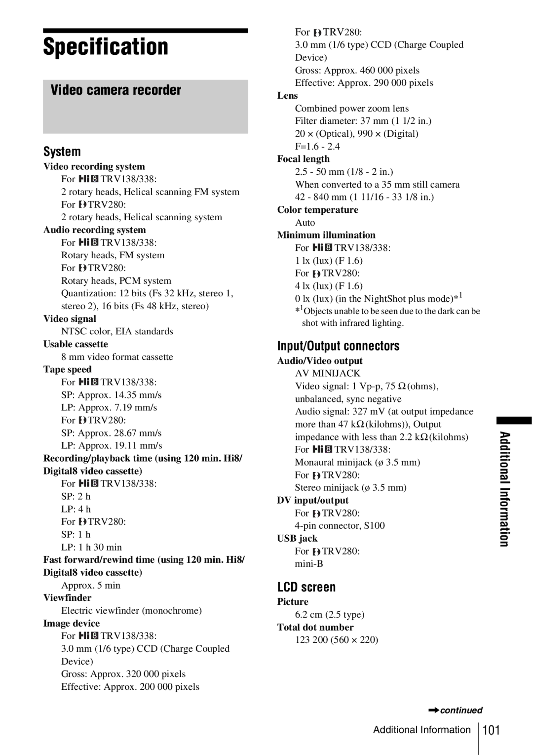 Sony CCD-TRV338 manual Specification, Video camera recorder, System, Input/Output connectors 