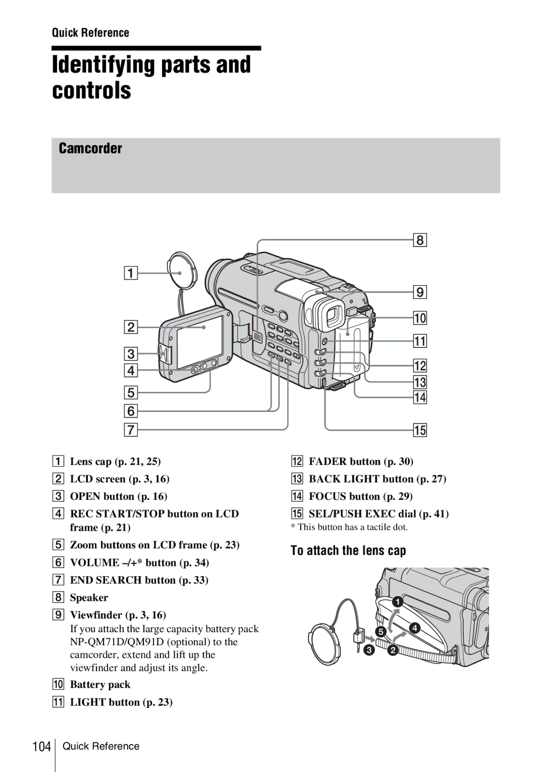 Sony CCD-TRV338 manual Identifying parts and controls, Camcorder, To attach the lens cap 