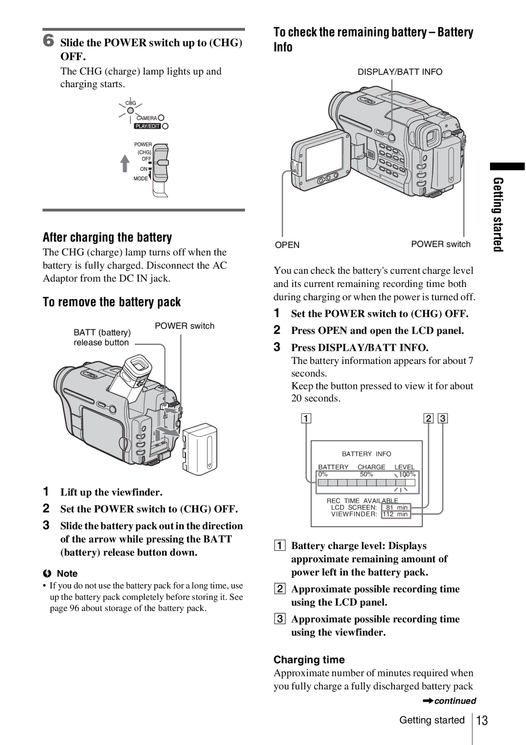 Sony CCD-TRV338 manual Info, Getting started, Slide the Power switch up to CHG, Charging time 