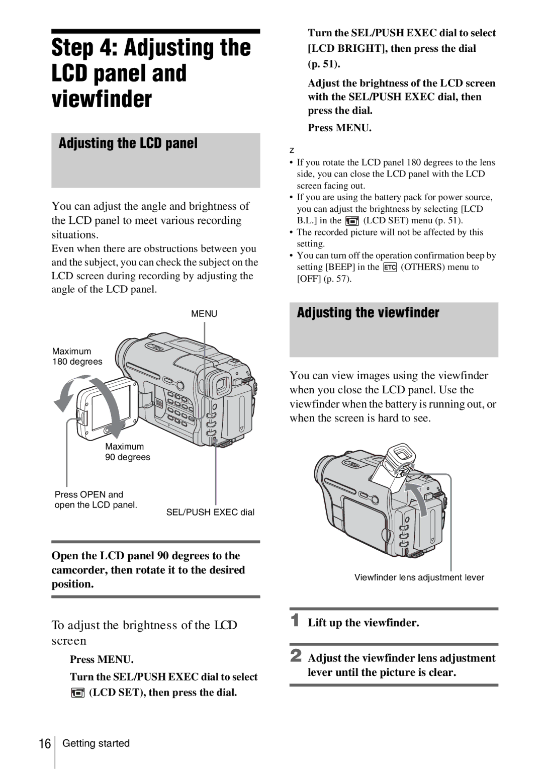 Sony CCD-TRV338 manual Adjusting the LCD panel and viewfinder, Adjusting the viewfinder 