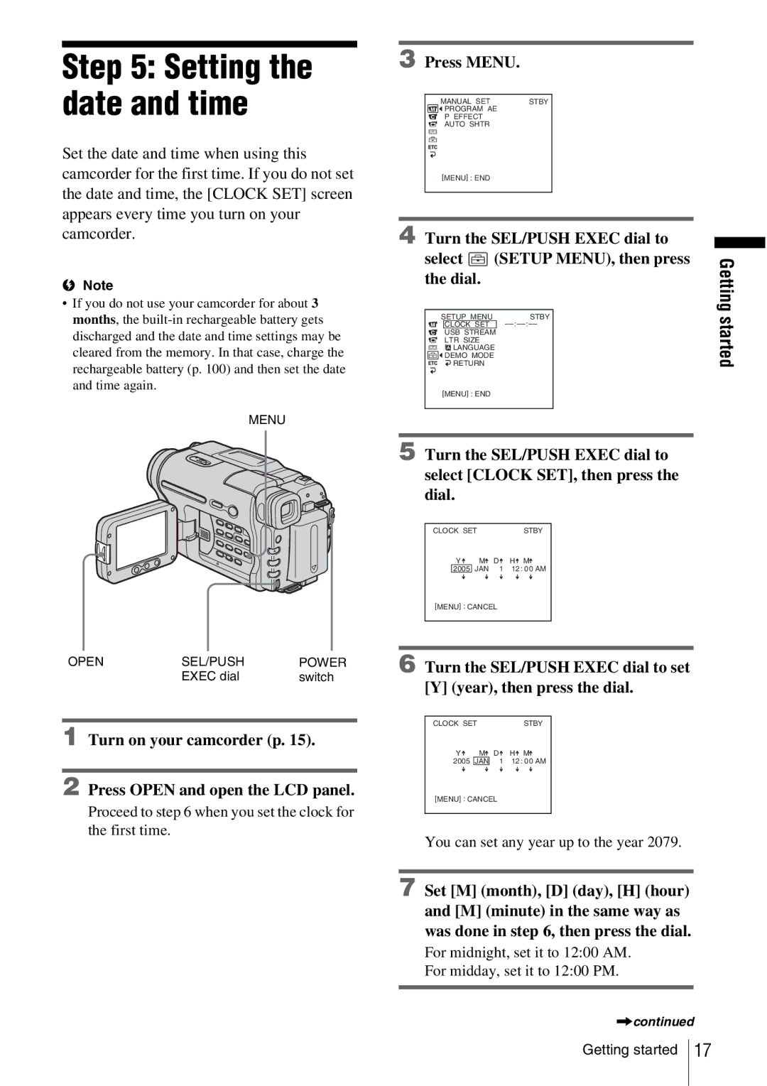 Sony CCD-TRV338 manual Setting the date and time, Press Menu, Turn on your camcorder p Press Open and open the LCD panel 