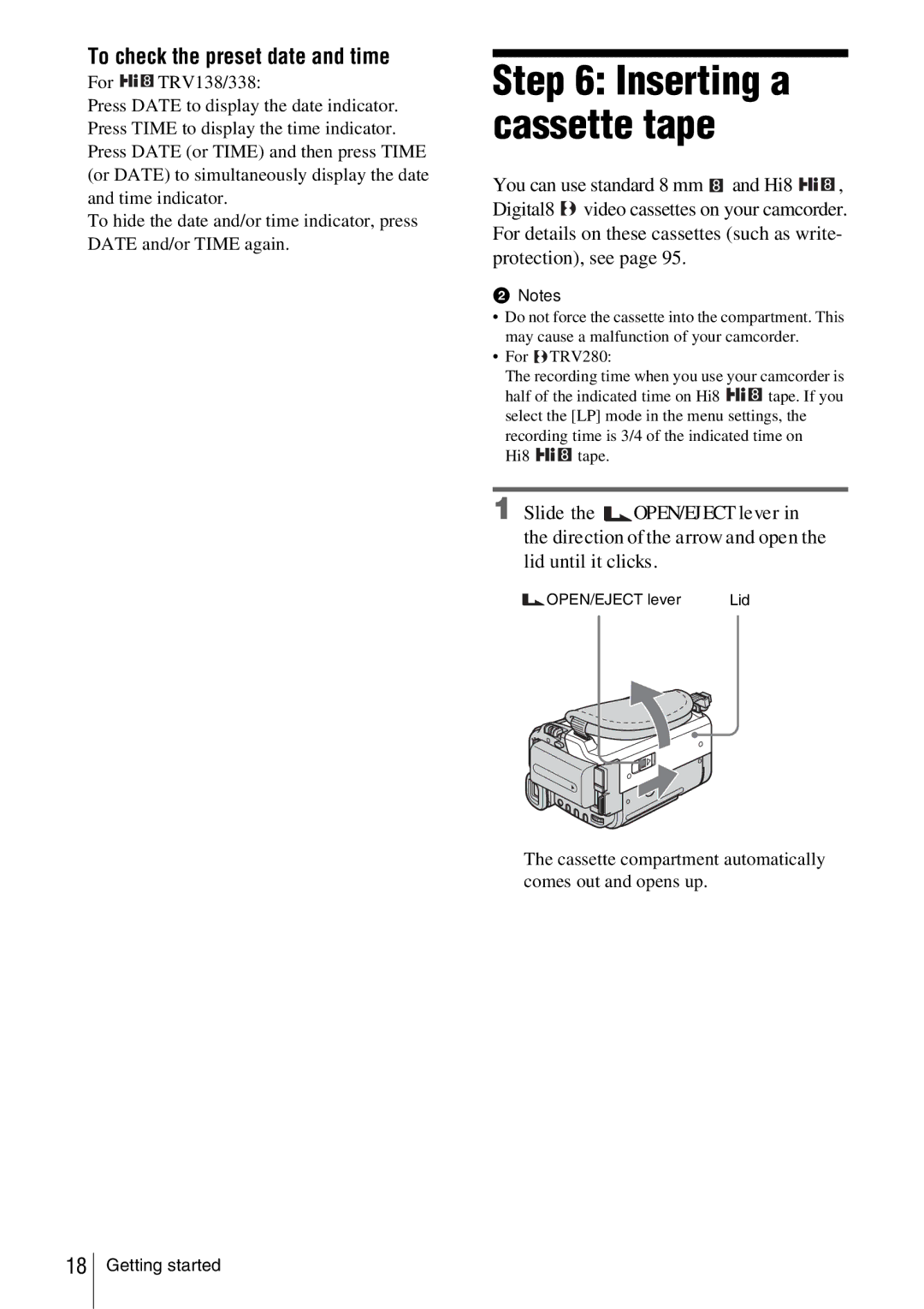 Sony CCD-TRV338 manual To check the preset date and time, Cassette compartment automatically comes out and opens up 