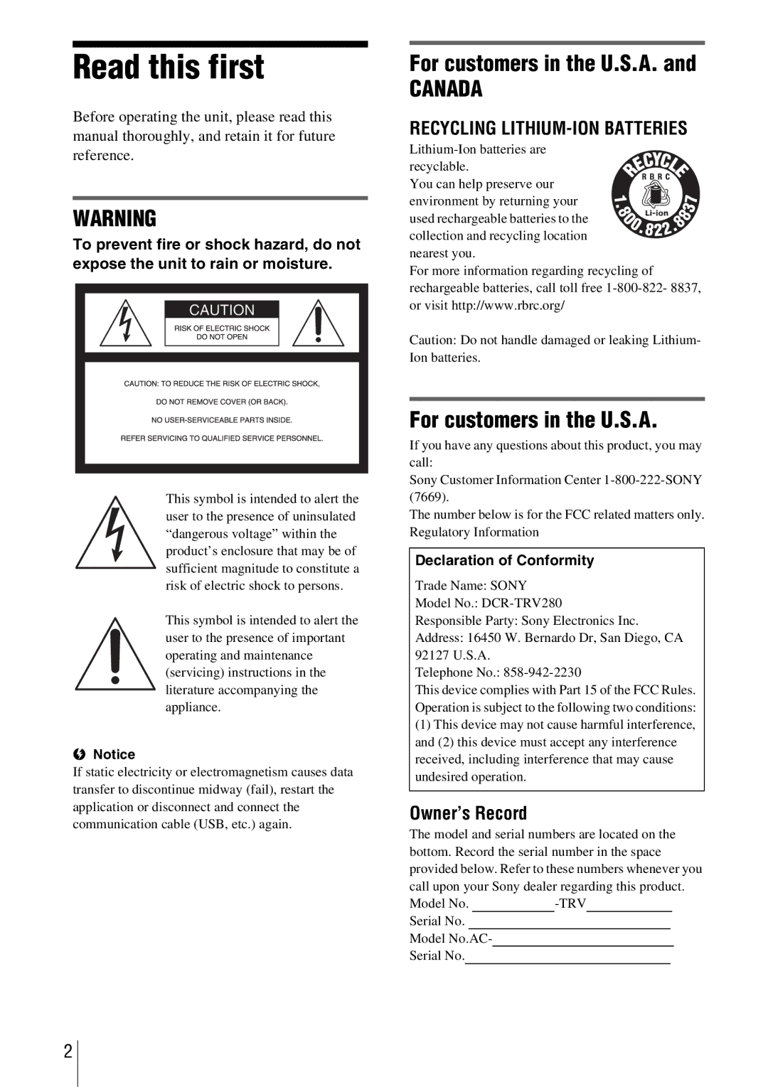 Sony CCD-TRV338 manual Read this first, Owner’s Record, Declaration of Conformity 