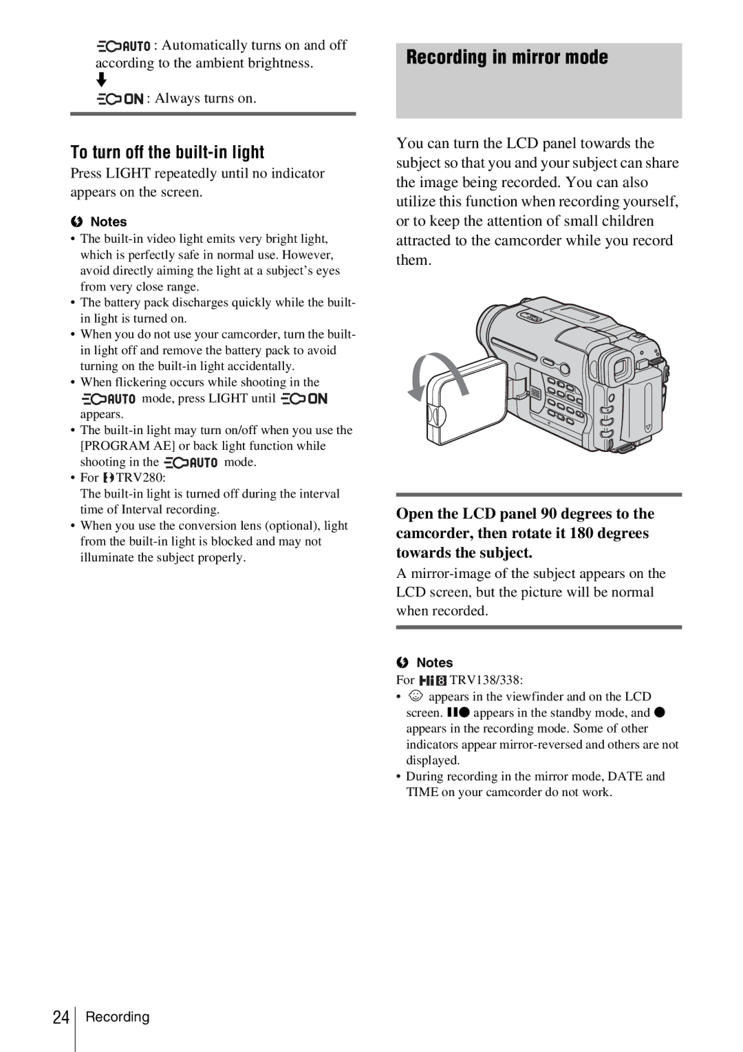 Sony CCD-TRV338 manual Recording in mirror mode, To turn off the built-in light 