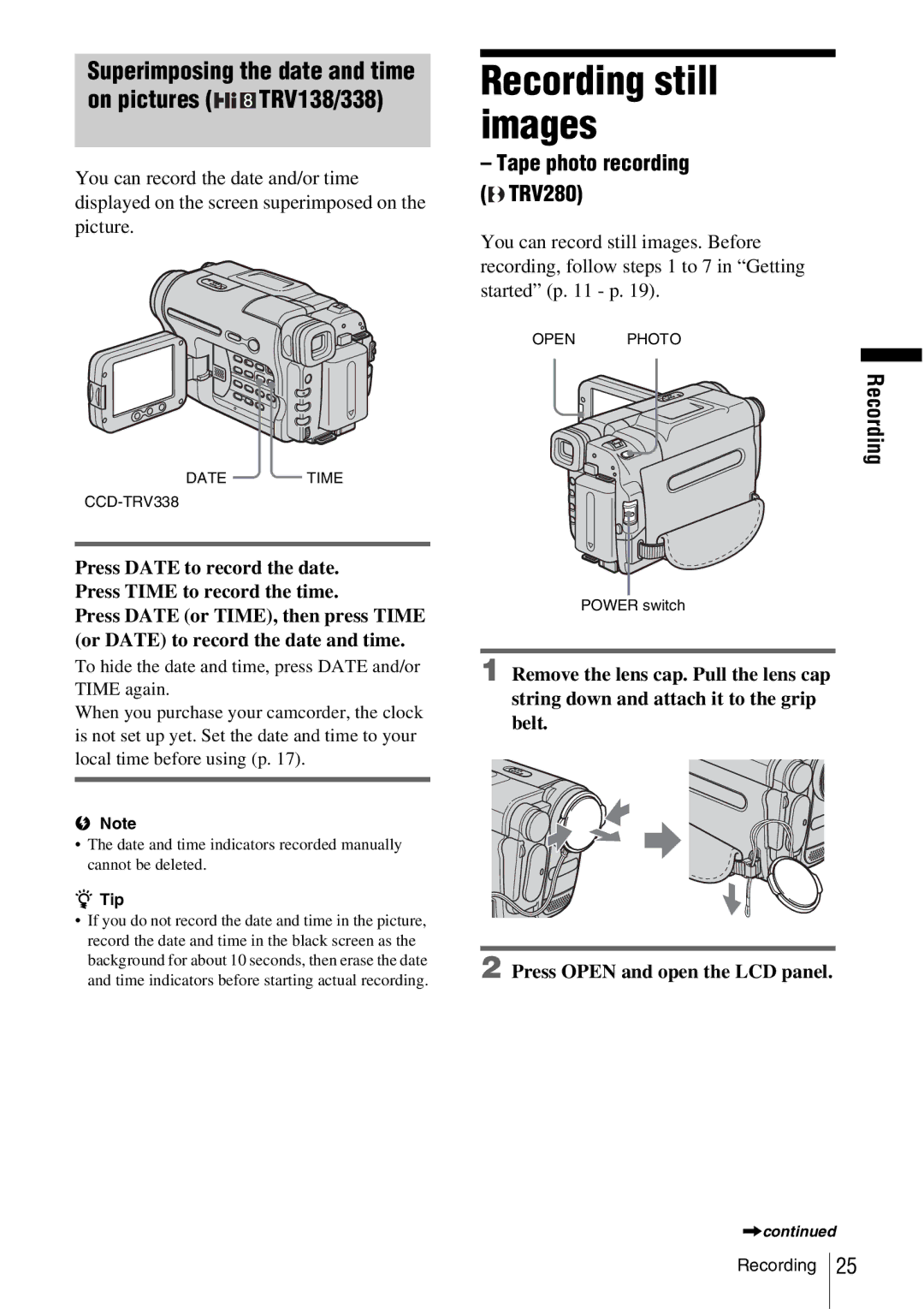 Sony CCD-TRV338 manual Recording still images, Superimposing the date and time On pictures TRV138/338 