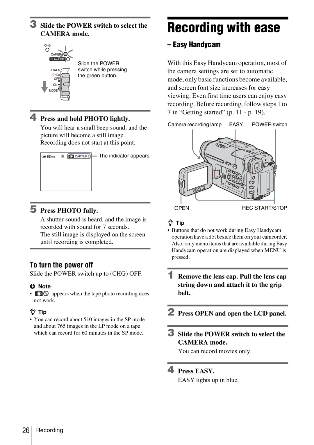 Sony CCD-TRV338 manual Recording with ease, Easy Handycam 