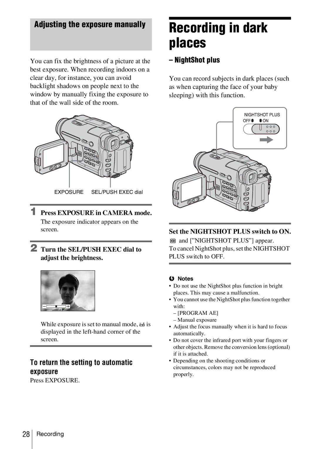 Sony CCD-TRV338 Recording in dark places, Adjusting the exposure manually, NightShot plus 