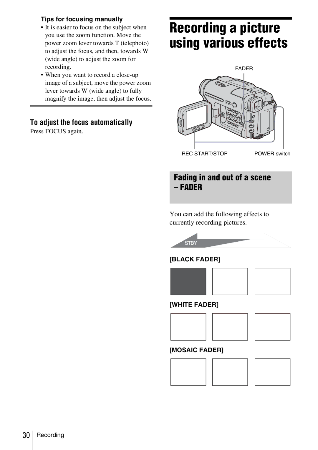 Sony CCD-TRV338 Fading in and out of a scene, Fader, To adjust the focus automatically, Tips for focusing manually 