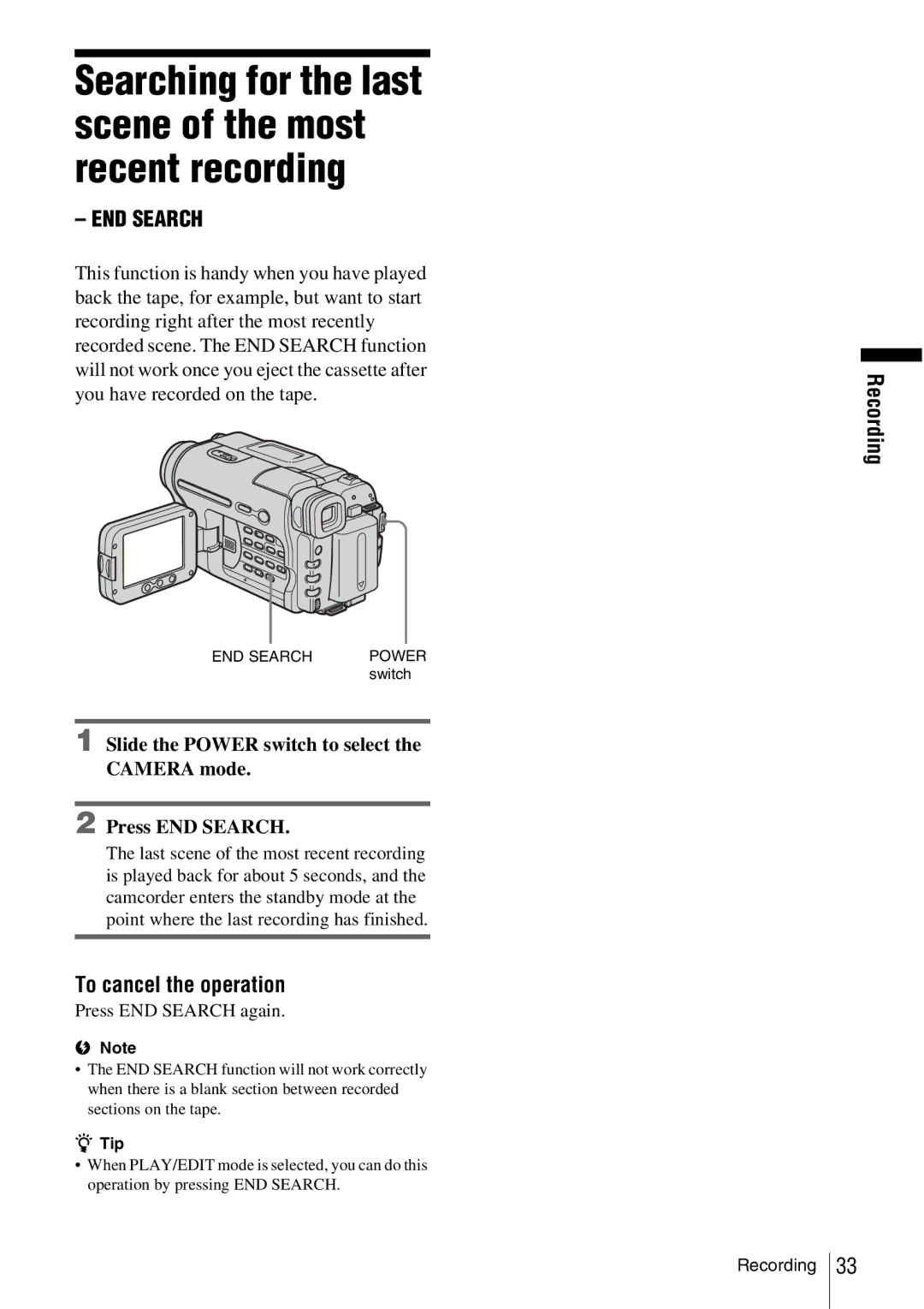 Sony CCD-TRV338 manual Searching for the last scene of the most recent recording, Press END Search again 