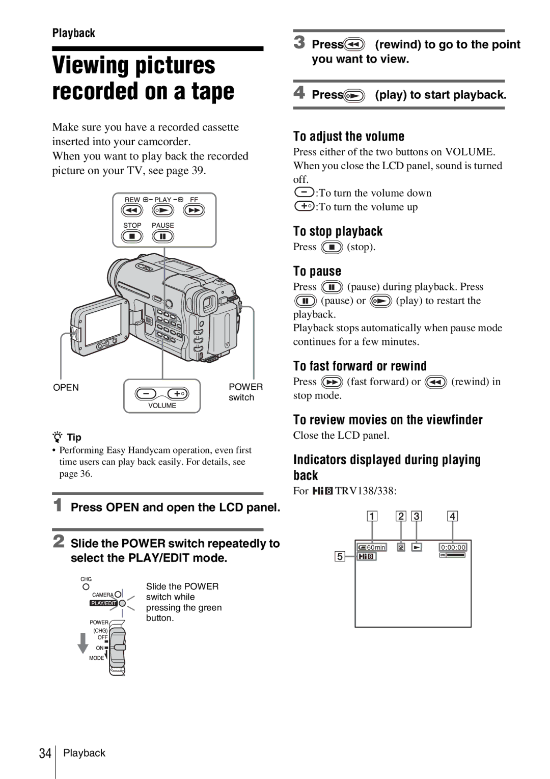 Sony CCD-TRV338 manual Viewing pictures recorded on a tape 