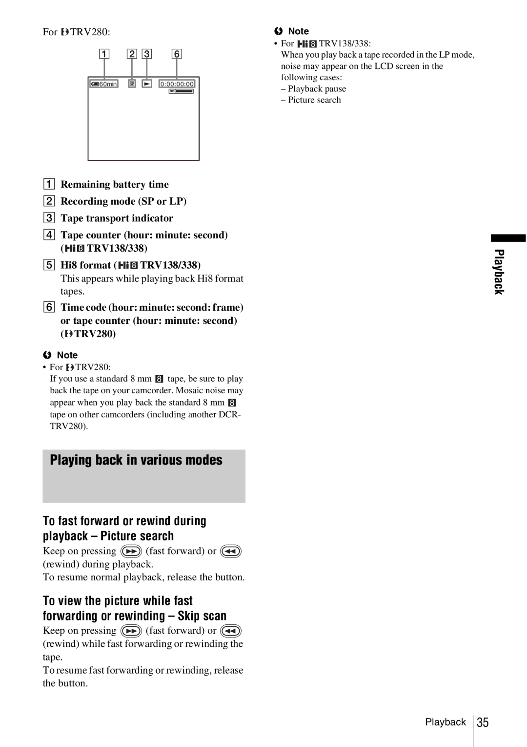 Sony CCD-TRV338 manual Playing back in various modes, Playback, This appears while playing back Hi8 format tapes 