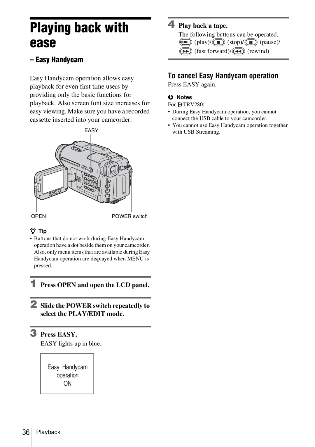 Sony CCD-TRV338 manual Playing back with ease, Play back a tape 