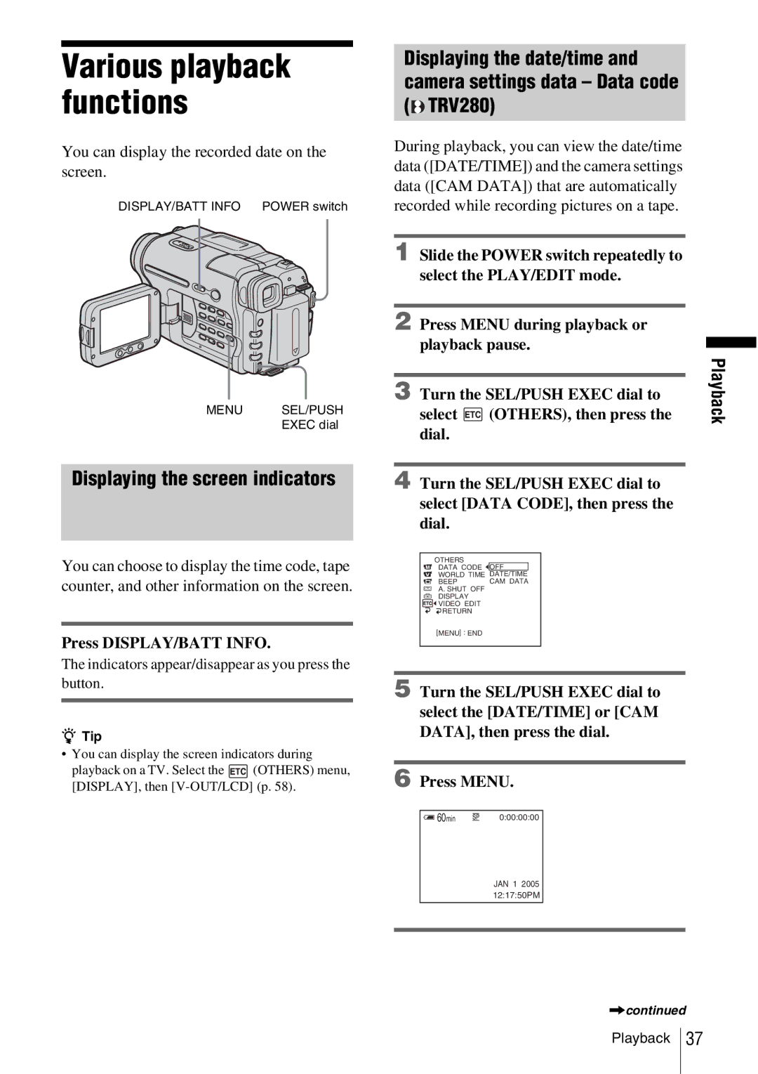 Sony CCD-TRV338 manual Various playback functions, Displaying the screen indicators, Press DISPLAY/BATT Info 