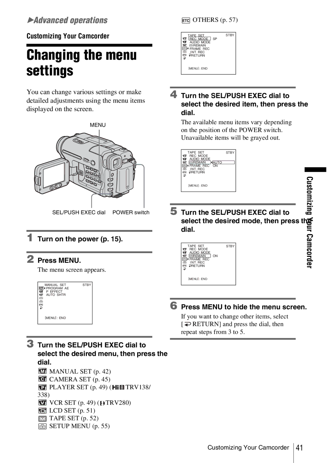 Sony CCD-TRV338 manual Changing the menu settings, Customizing Your Camcorder, Turn on the power p Press Menu 