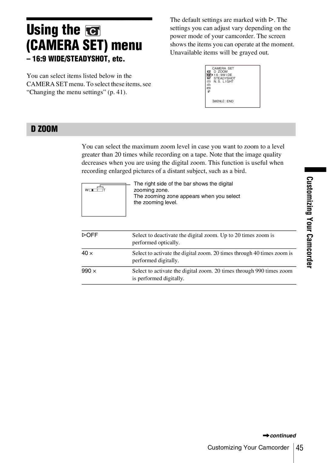 Sony CCD-TRV338 manual Zoom, WIDE/STEADYSHOT, etc 