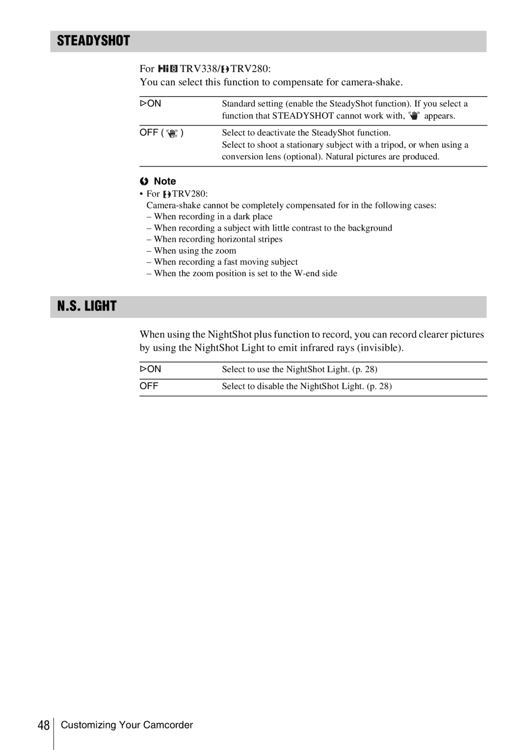 Sony CCD-TRV338 manual Steadyshot, Light 