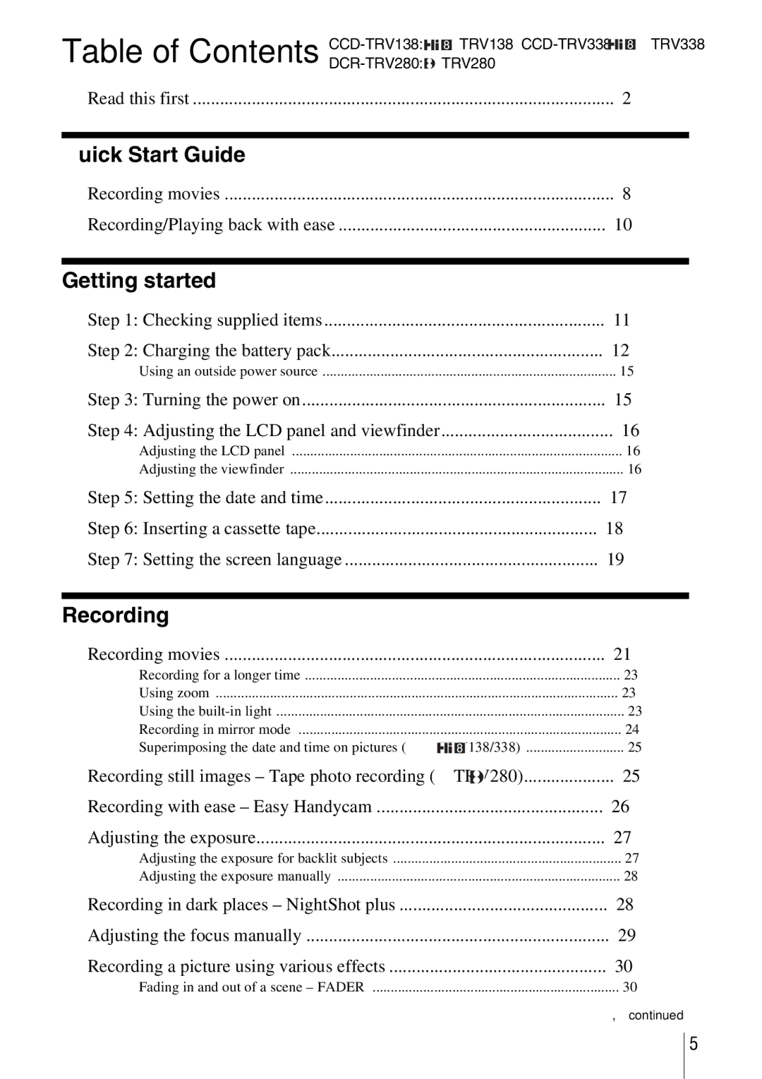 Sony CCD-TRV338 manual Table of Contents DCR-TRV280 