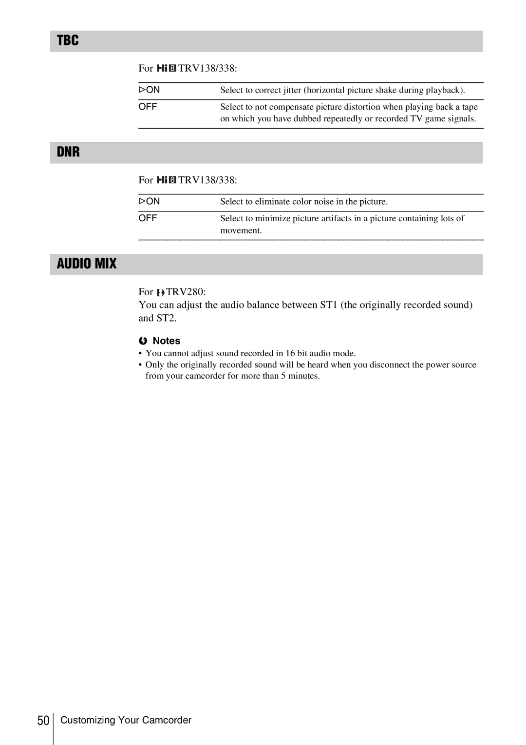 Sony CCD-TRV338 manual Tbc, Dnr, Audio MIX 