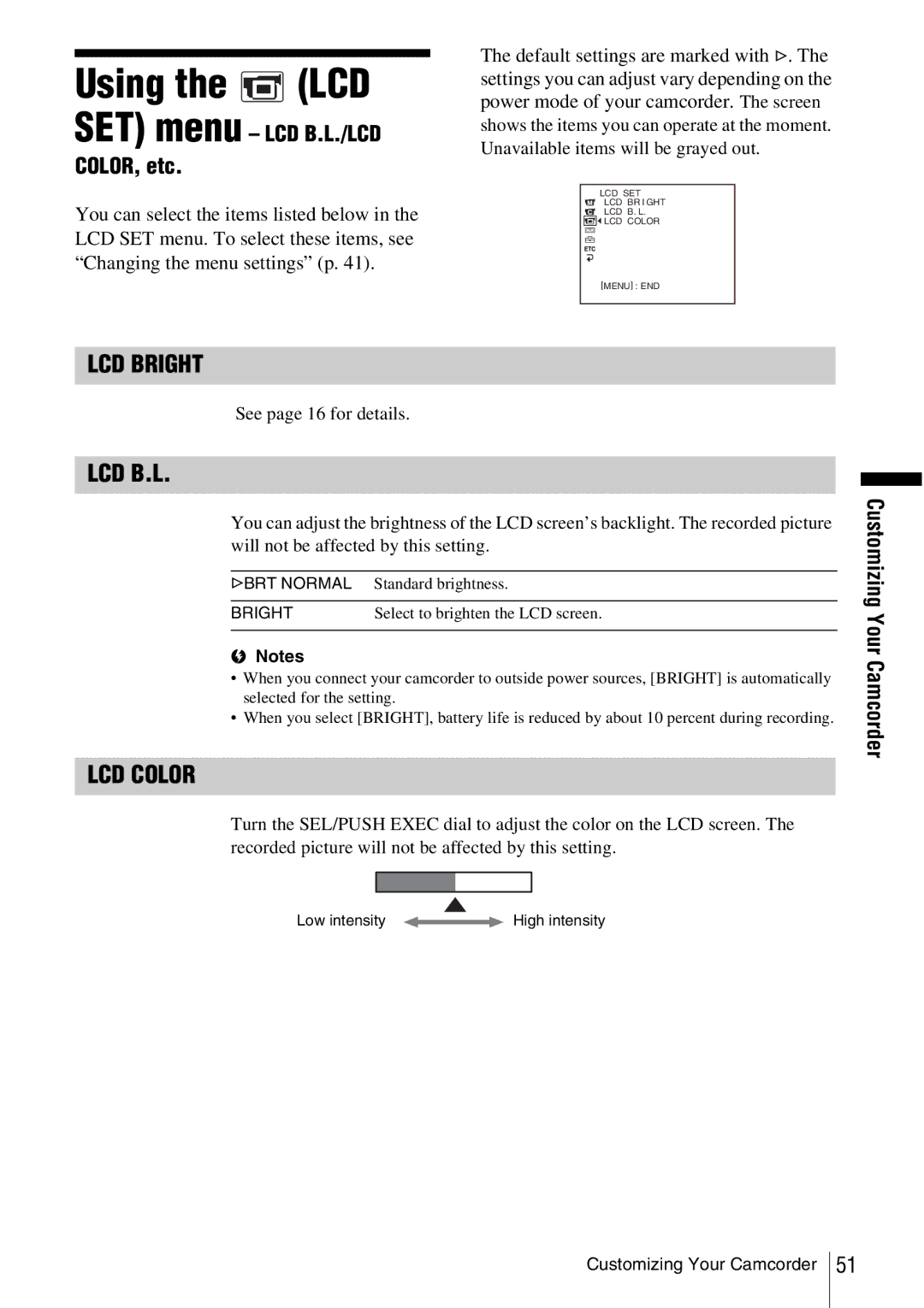 Sony CCD-TRV338 manual Using the LCD, LCD Bright, Lcd B.L, LCD Color, SET menu LCD B.L./LCD COLOR, etc 