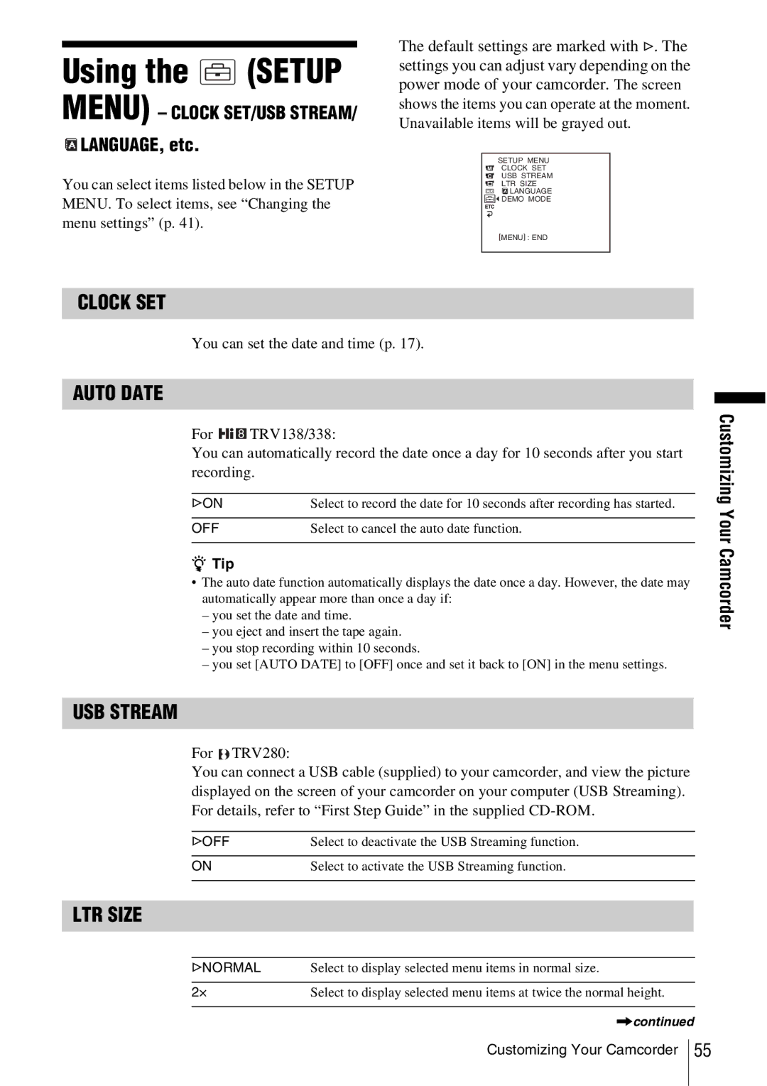 Sony CCD-TRV338 manual Using the Setup, Clock SET, Auto Date, USB Stream, LTR Size 