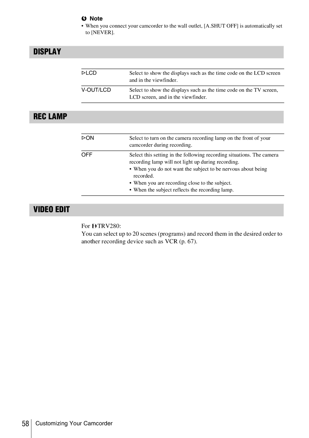 Sony CCD-TRV338 manual Display, REC Lamp, Video Edit, Glcd, Out/Lcd 
