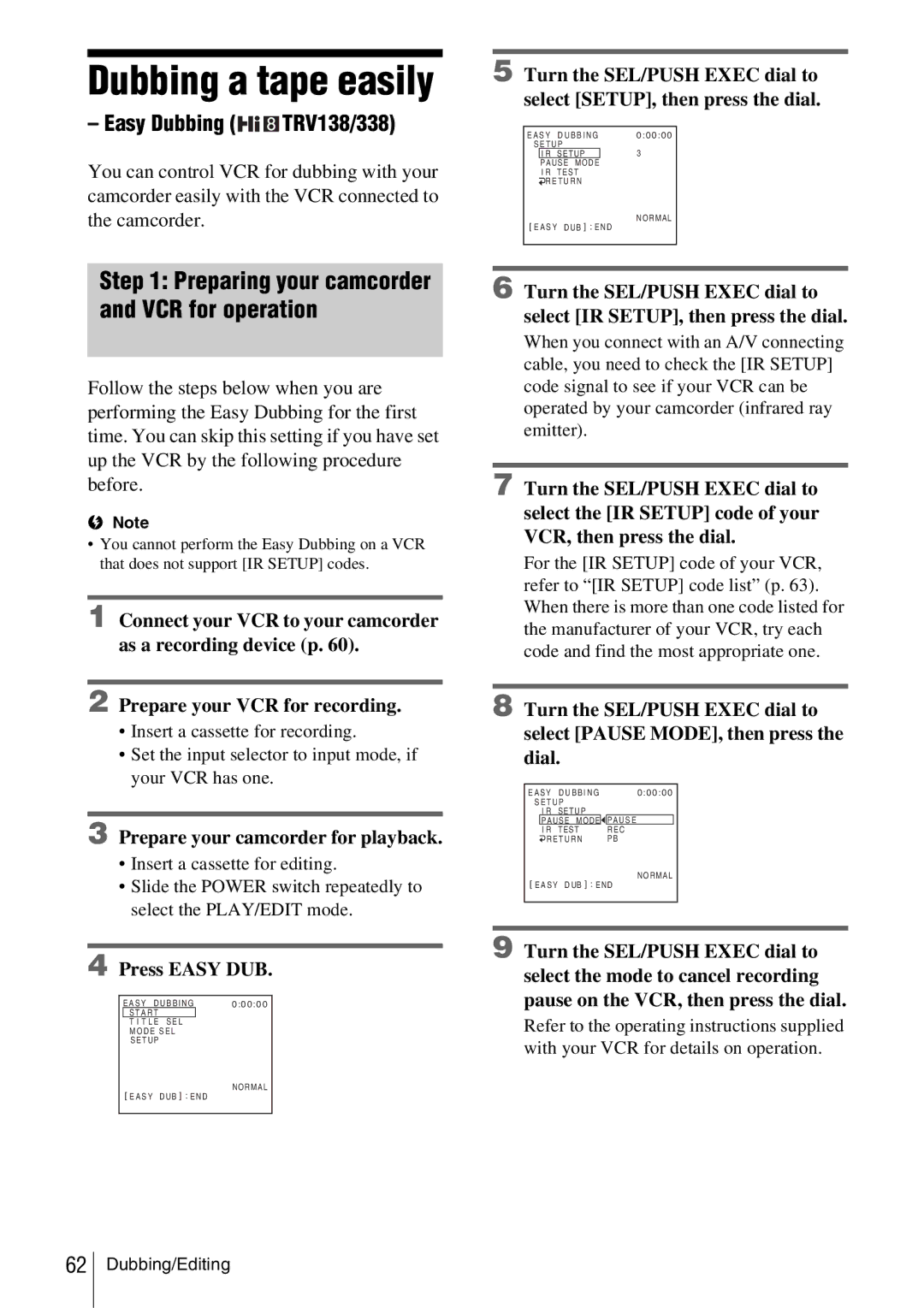 Sony CCD-TRV338 manual Easy Dubbing TRV138/338, Press Easy DUB 