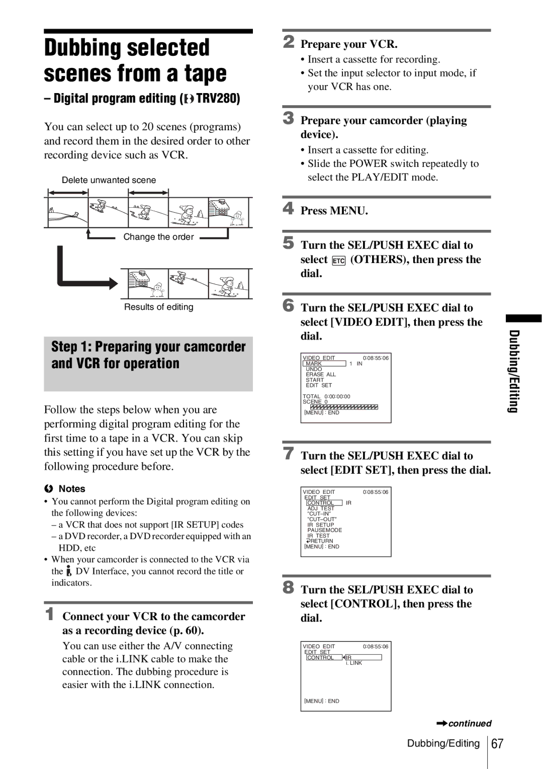 Sony CCD-TRV338 manual Dubbing selected scenes from a tape, Digital program editing TRV280, Prepare your VCR 