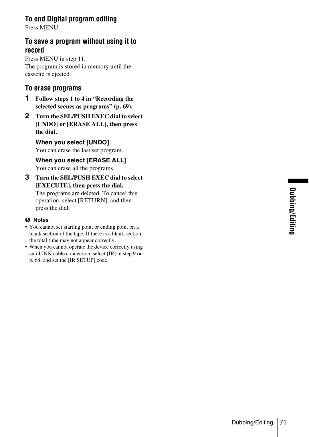 Sony CCD-TRV338 manual To end Digital program editing, To save a program without using it to record, To erase programs 