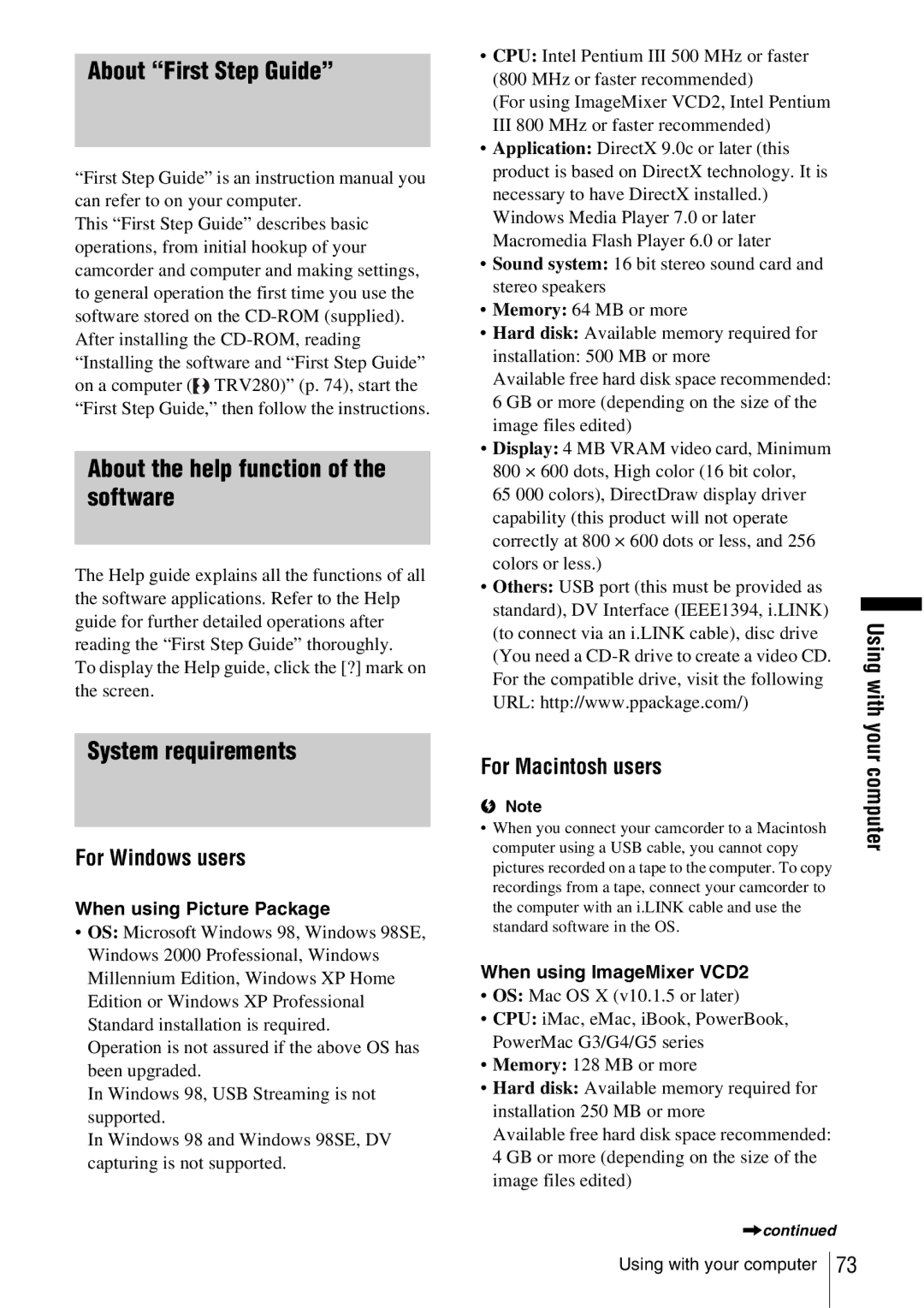 Sony CCD-TRV338 manual About First Step Guide, About the help function of the software, System requirements 