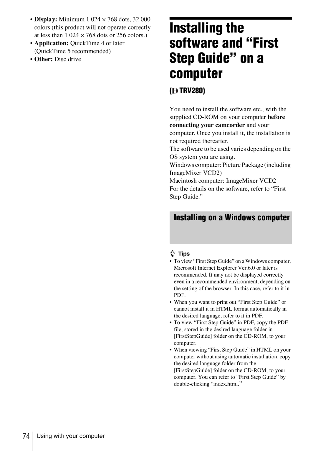 Sony CCD-TRV338 manual Installing the software and First Step Guide on a computer, Installing on a Windows computer 