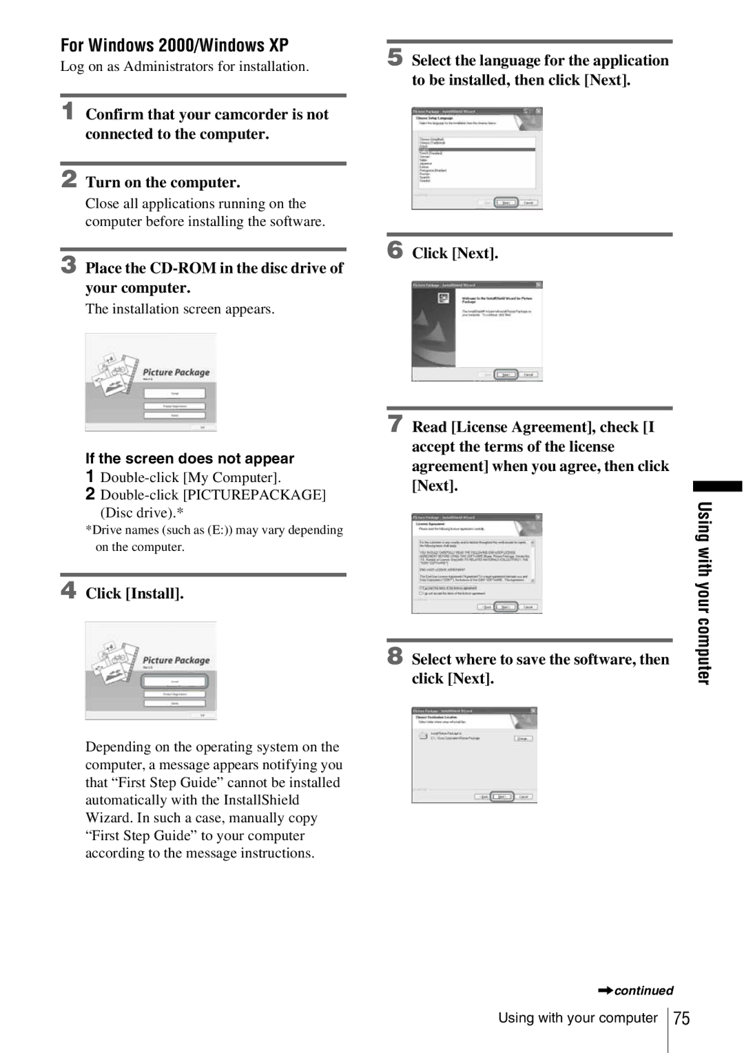 Sony CCD-TRV338 manual For Windows 2000/Windows XP, Place the CD-ROM in the disc drive of your computer, Click Install 