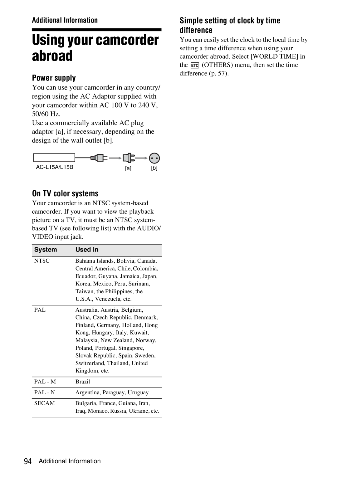Sony CCD-TRV338 Using your camcorder abroad, Power supply, On TV color systems, Simple setting of clock by time difference 
