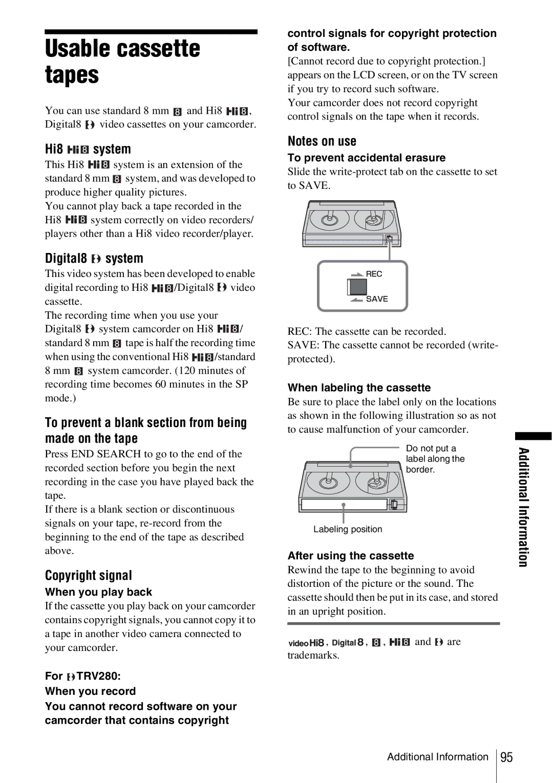 Sony CCD-TRV338 manual Usable cassette tapes 