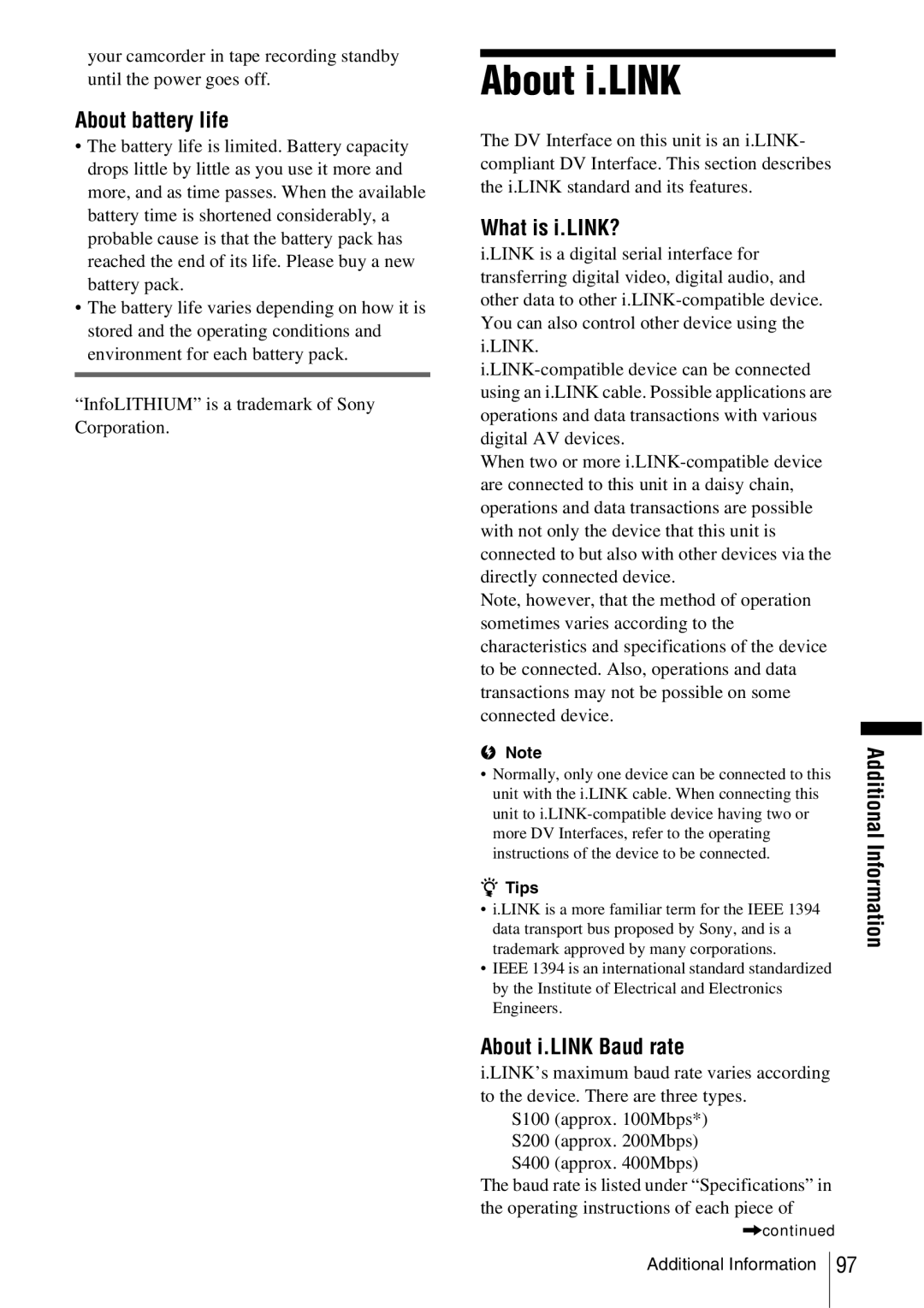 Sony CCD-TRV338 manual About battery life, What is i.LINK?, About i.LINK Baud rate 