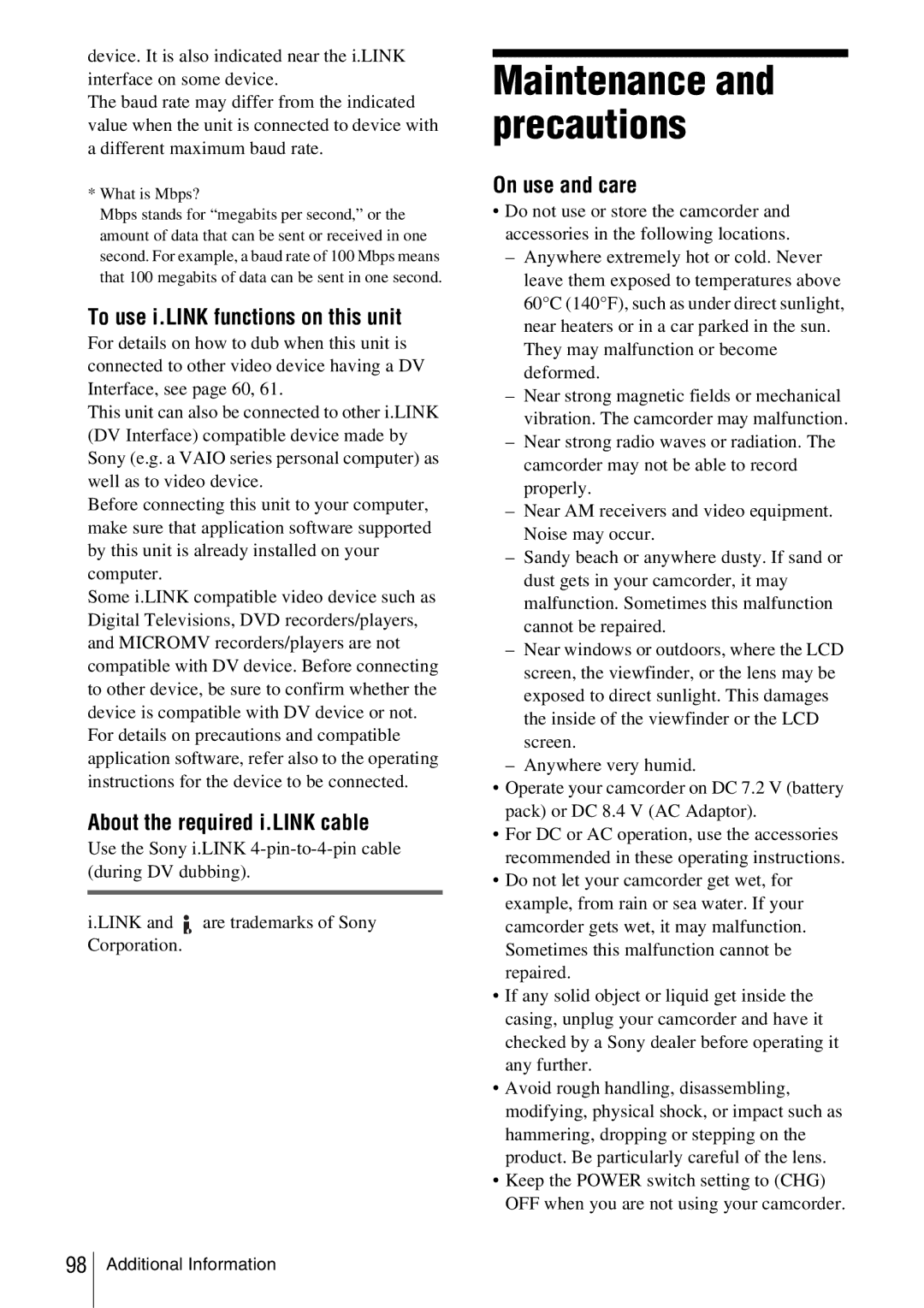 Sony CCD-TRV338 manual Maintenance and precautions, To use i.LINK functions on this unit, About the required i.LINK cable 