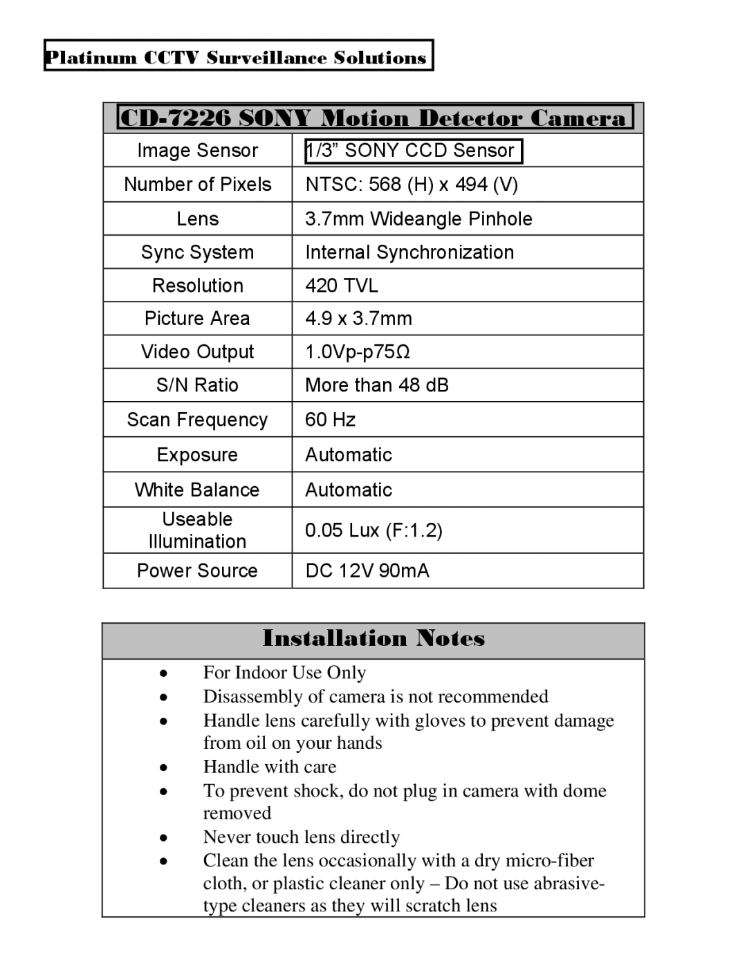 Sony installation manual CD-7226 Sony Motion Detector Camera, Installation Notes 