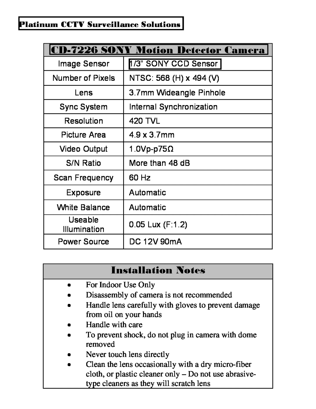 Sony installation manual CD-7226SONY Motion Detector Camera, Installation Notes, Platinum CCTV Surveillance Solutions 