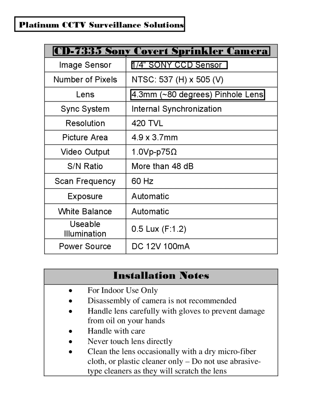 Sony installation manual CD-7335 Sony Covert Sprinkler Camera, Installation Notes 