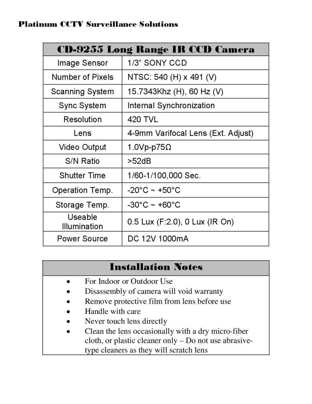 Sony installation manual CD-9255 Long Range IR CCD Camera, Installation Notes 