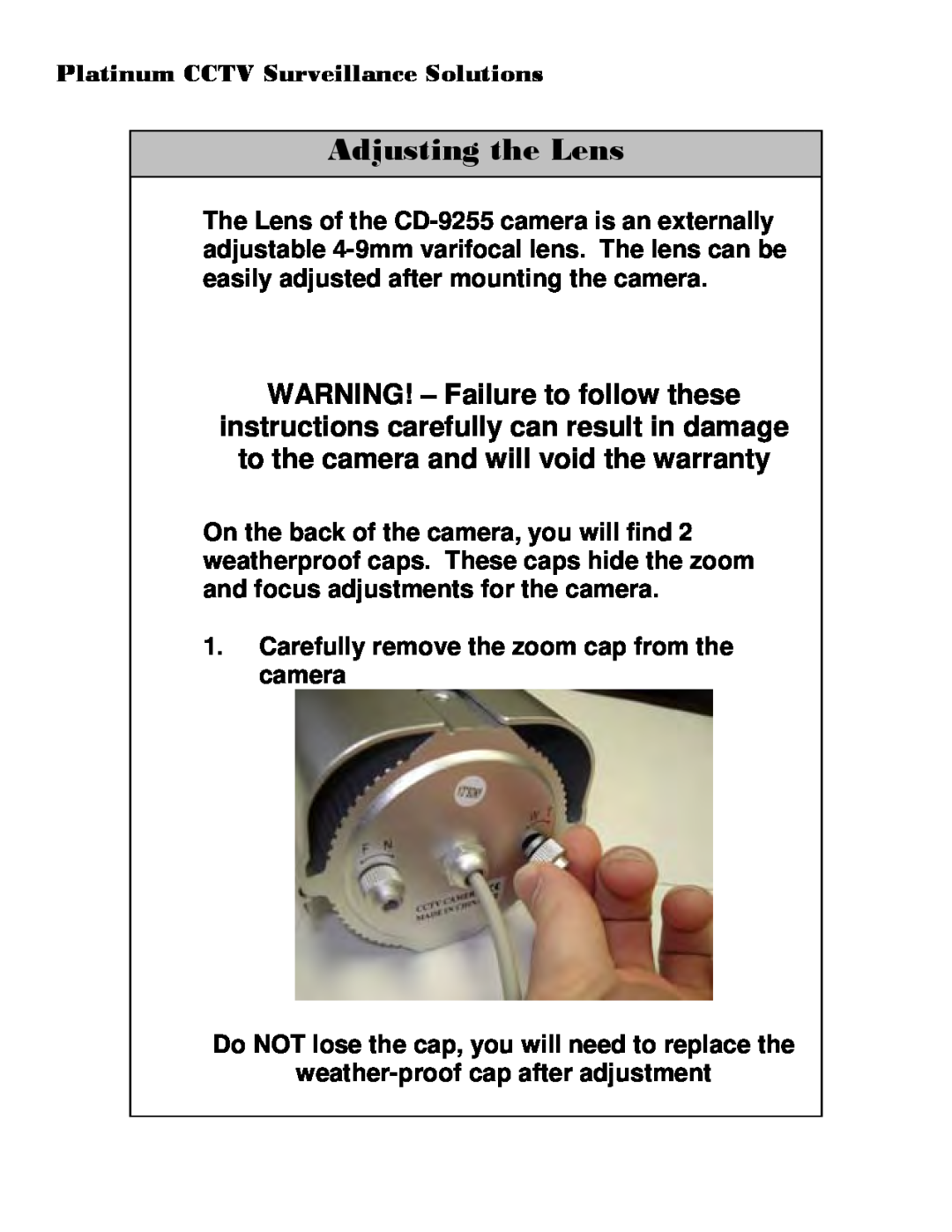 Sony CD-9255 Adjusting the Lens, WARNING! - Failure to follow these, Platinum CCTV Surveillance Solutions 