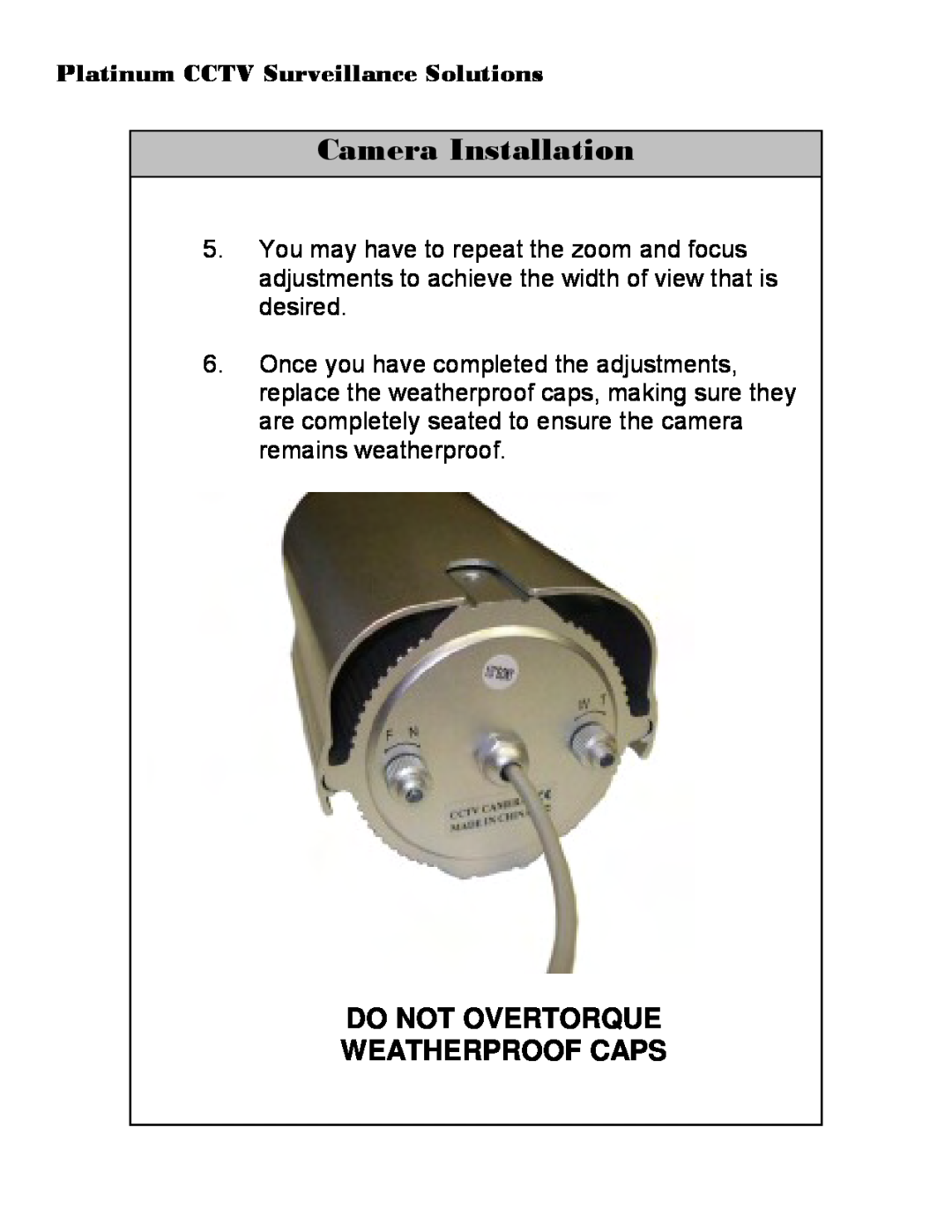 Sony CD-9255 Do Not Overtorque Weatherproof Caps, Camera Installation, Platinum CCTV Surveillance Solutions 