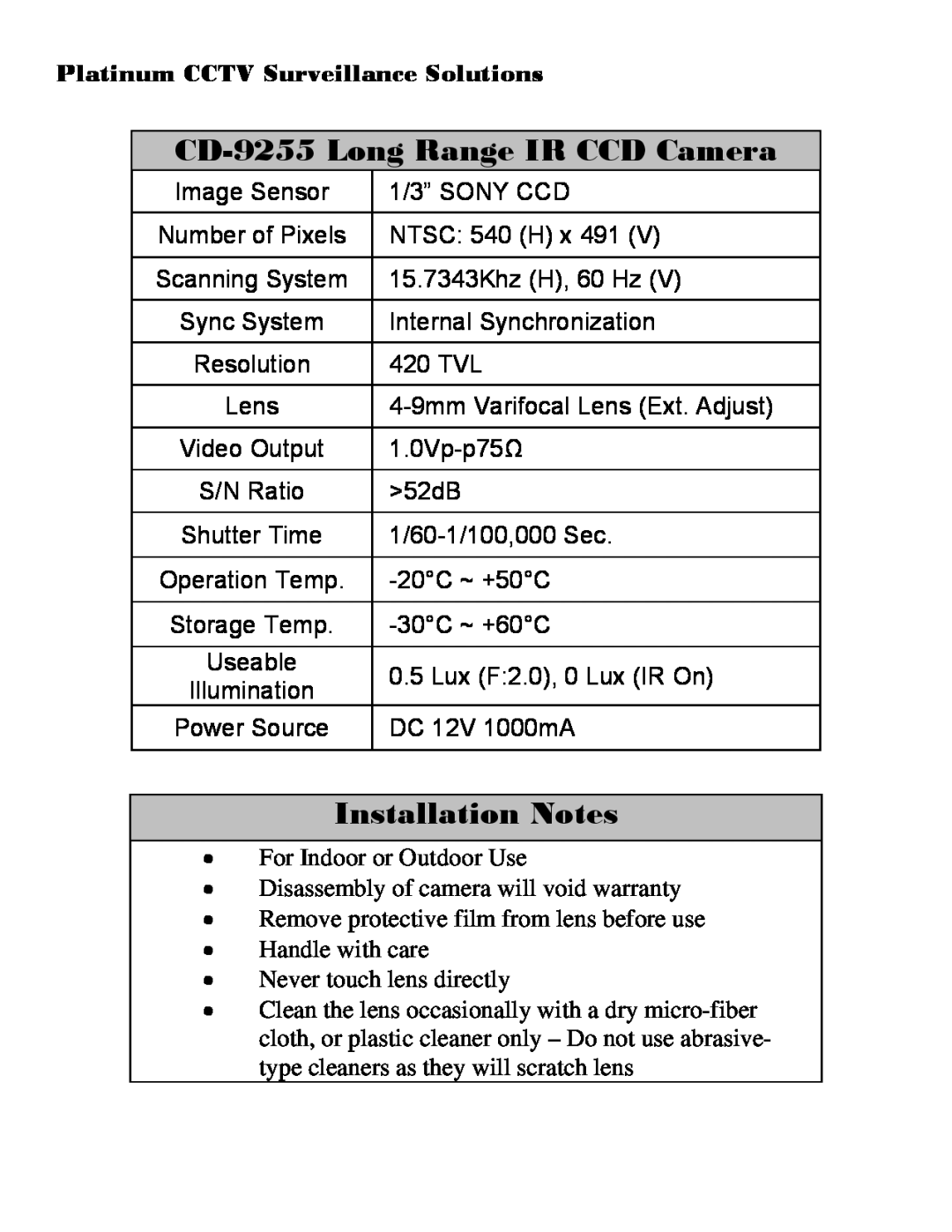 Sony installation manual CD-9255 Long Range IR CCD Camera, Installation Notes, Platinum CCTV Surveillance Solutions 