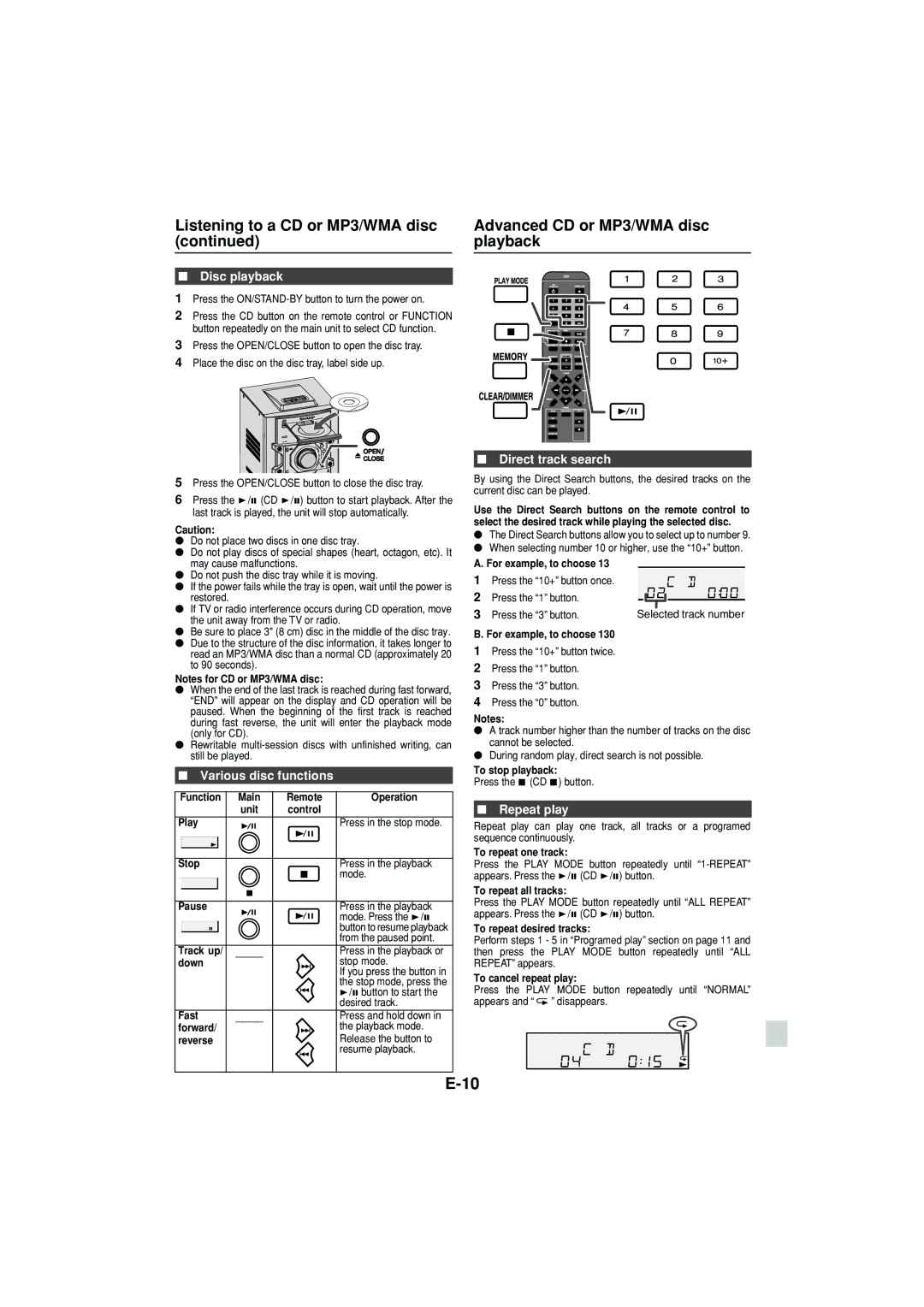 Sony CD-DH790N Advanced CD or MP3/WMA disc playback, Disc playback, Various disc functions, Direct track search 